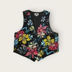 Vintage 90s Cotton Castle bright floral print sequin embellish button down vest